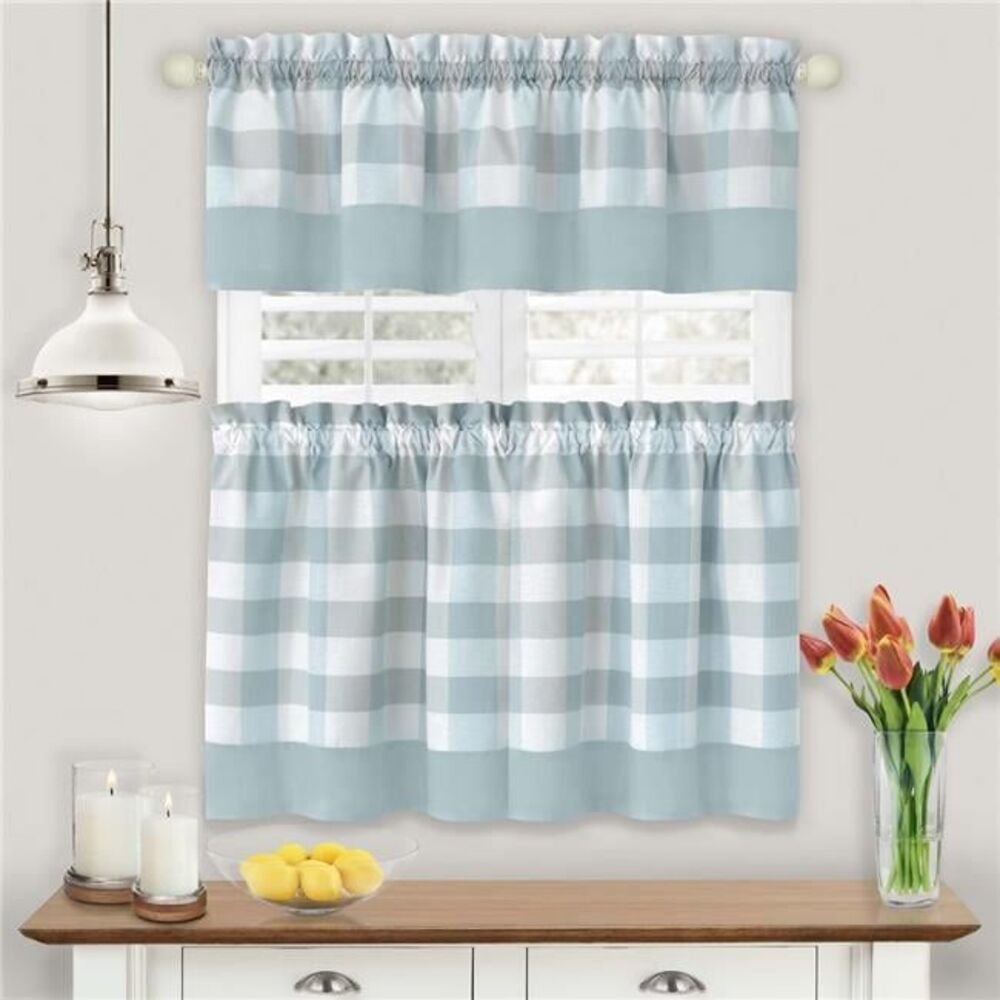 57 x 36 in. Hunter Rod Pocket Window Curtain Tier & Valance Set, Ice Blue